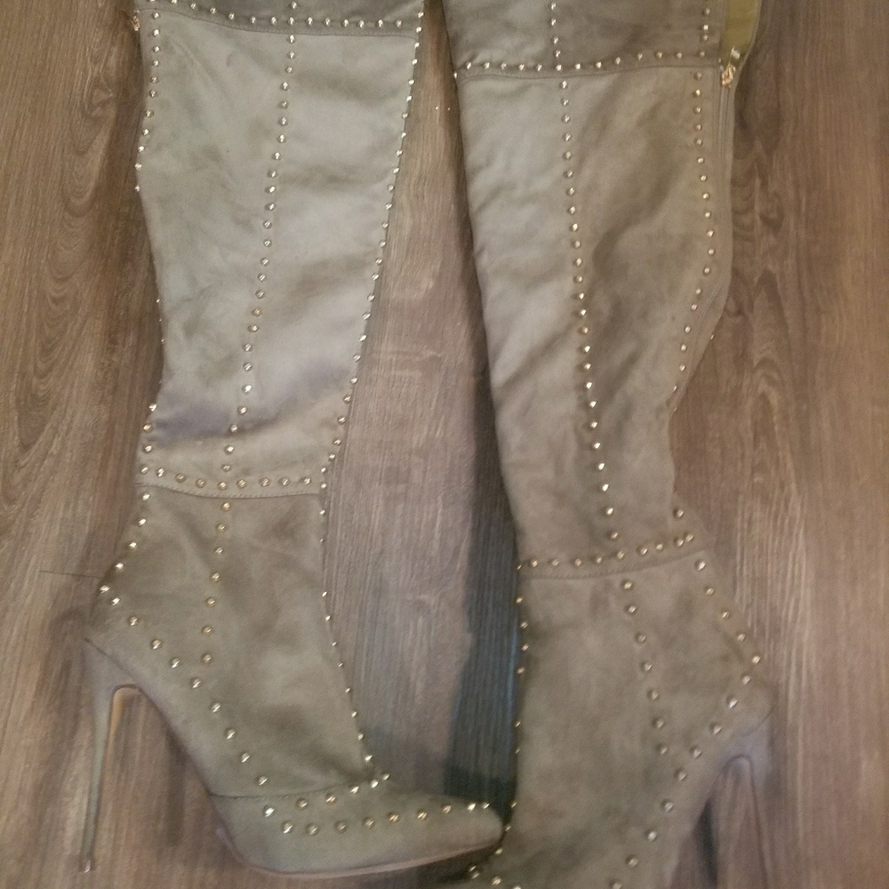 Olive faux suede over the knee gold studded boots